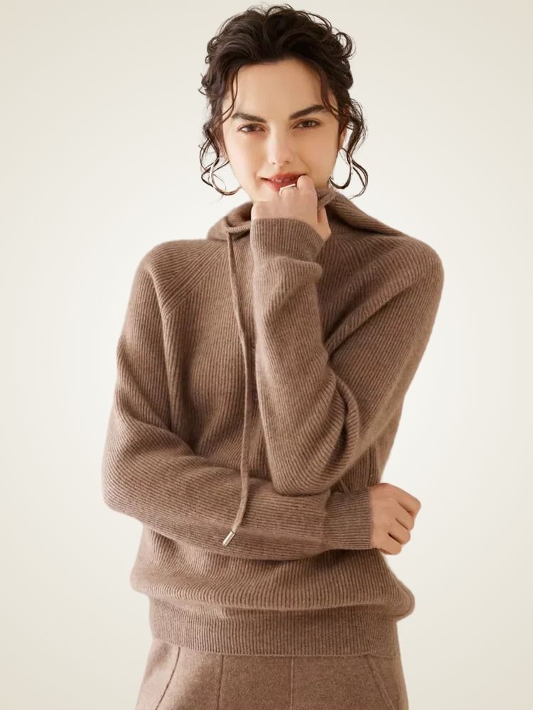 Colleen - Camel Ribbed Cashmere Hoodie | The Cashmere Studio