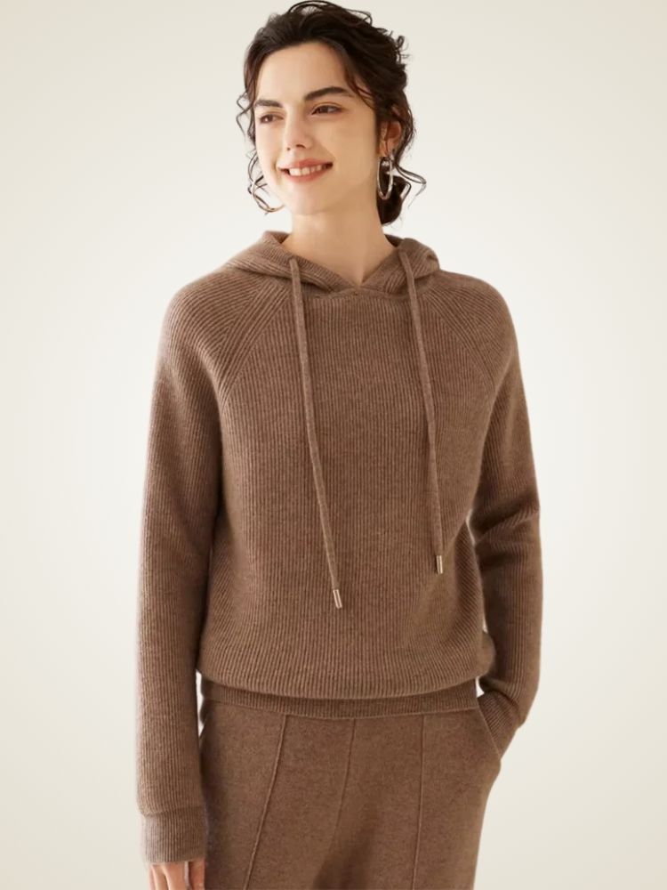 Colleen - Camel Ribbed Cashmere Hoodie | The Cashmere Studio