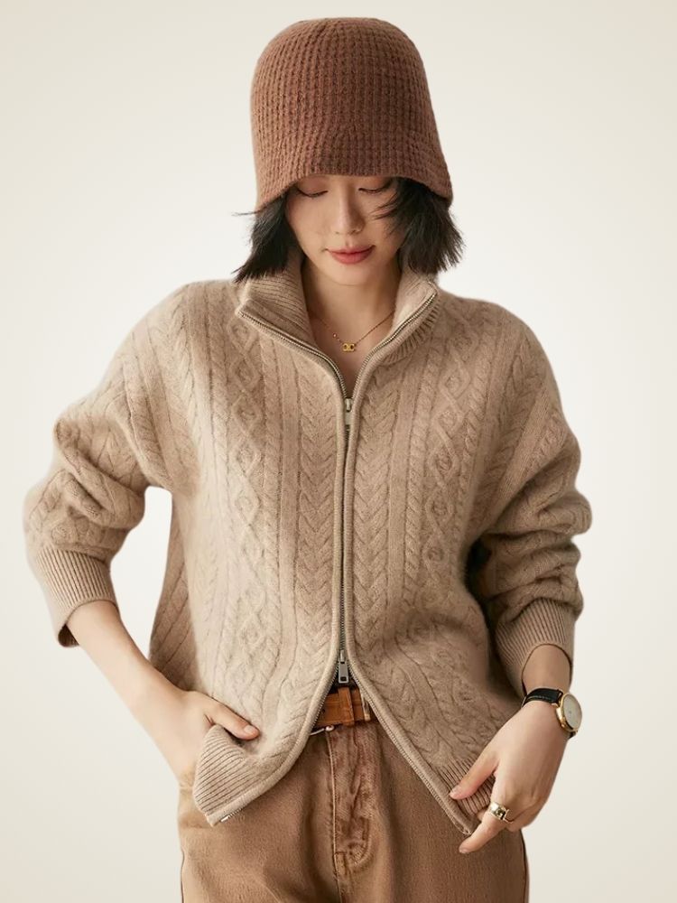 Willow - Camel Zip Cable Knit Cashmere Cardigan | The Cashmere Studio