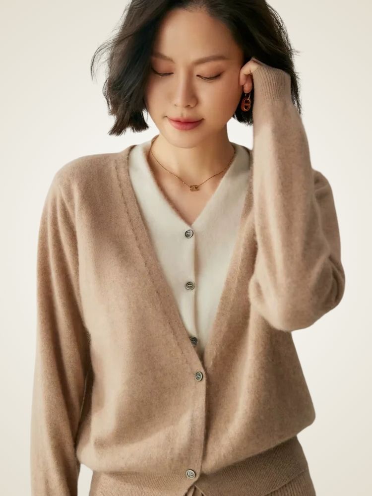 Riley - Camel Two-Tone Cashmere Cardigan | The Cashmere Studio