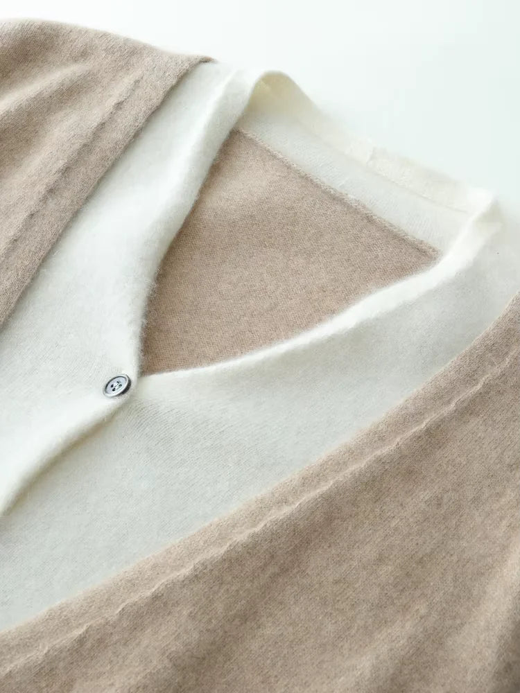 Riley - Camel Two-Tone Cashmere Cardigan | The Cashmere Studio