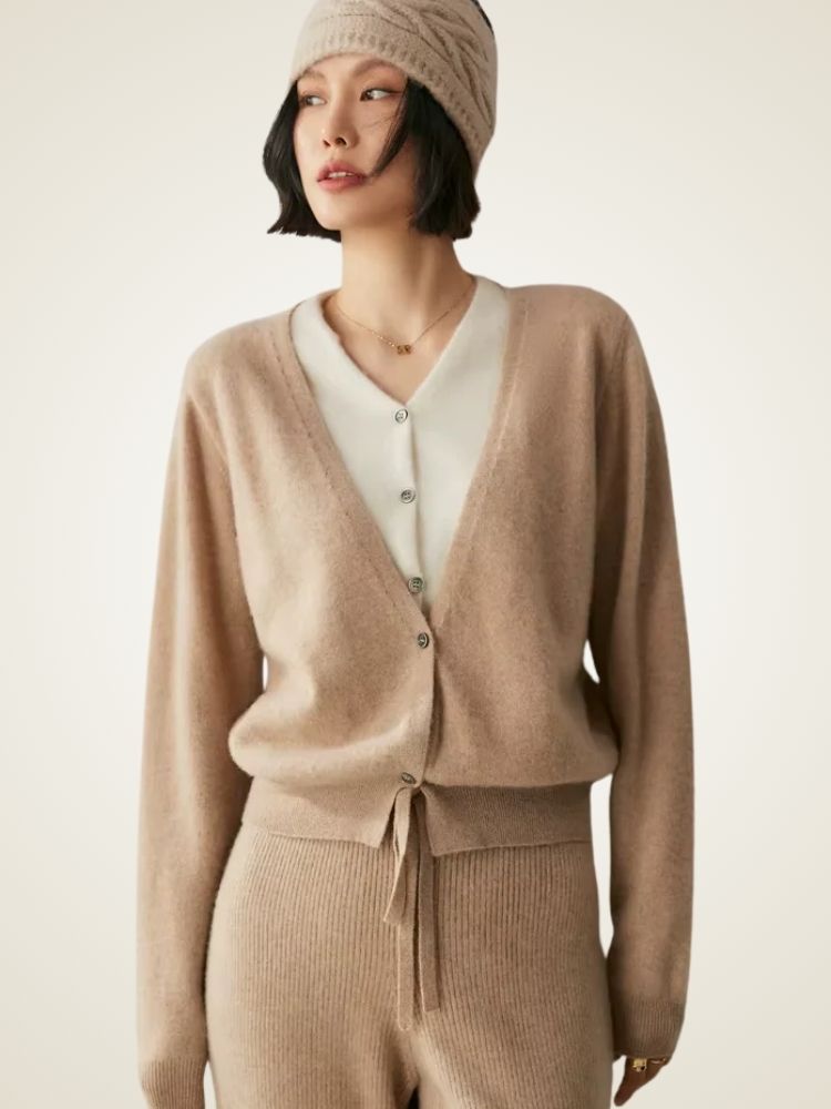 Riley - Camel Two-Tone Cashmere Cardigan | The Cashmere Studio