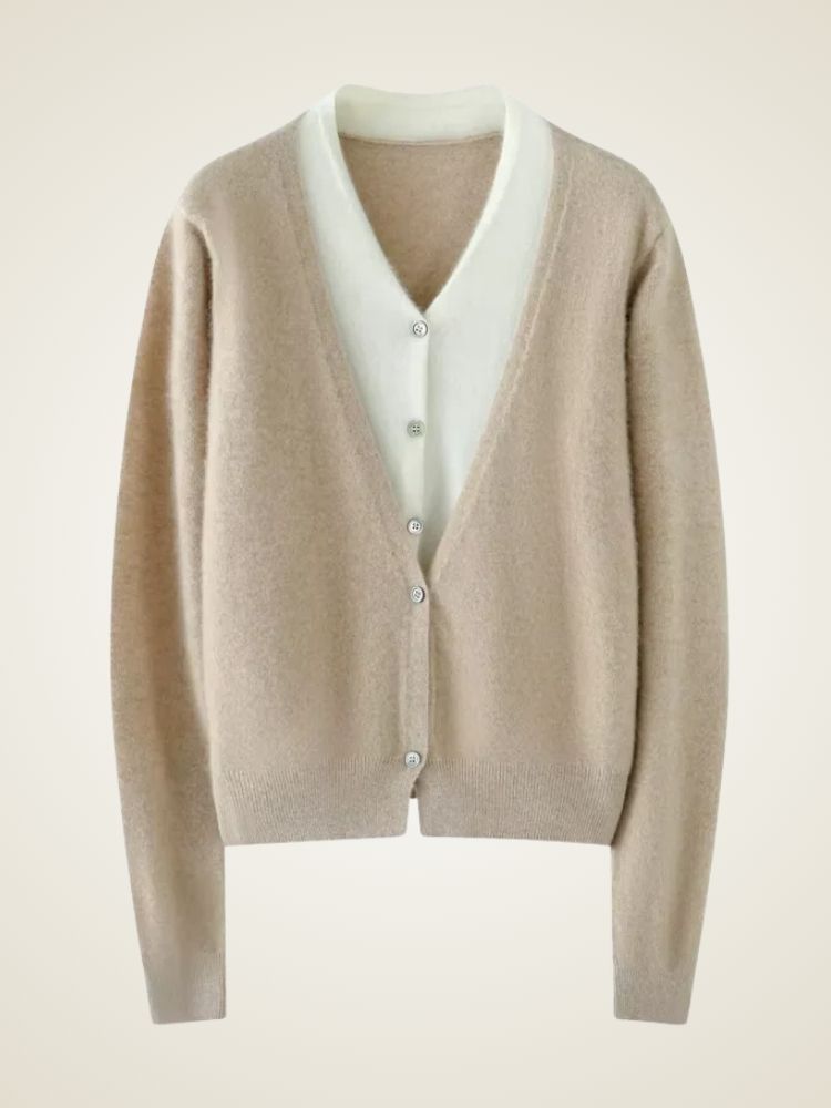 Riley - Camel Two-Tone Cashmere Cardigan | The Cashmere Studio