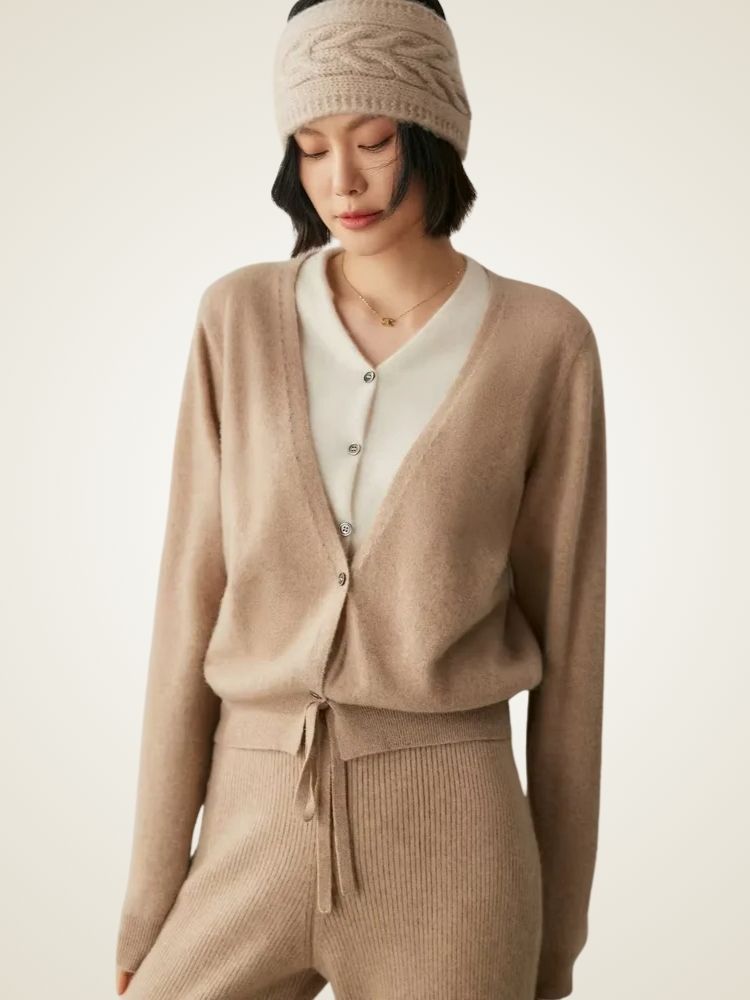 Riley - Camel Two-Tone Cashmere Cardigan | The Cashmere Studio