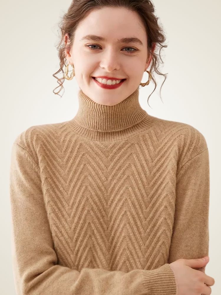 Astrid - Camel Chevron Cashmere Turtleneck | The Cashmere Studio