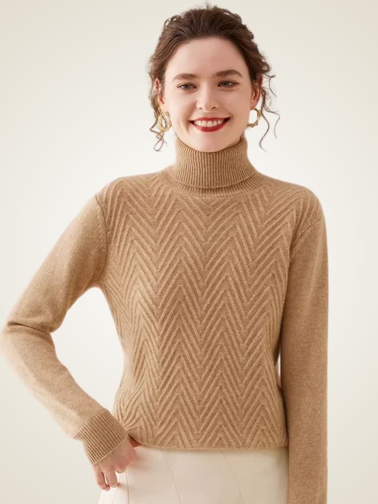 Astrid - Camel Chevron Cashmere Turtleneck | The Cashmere Studio