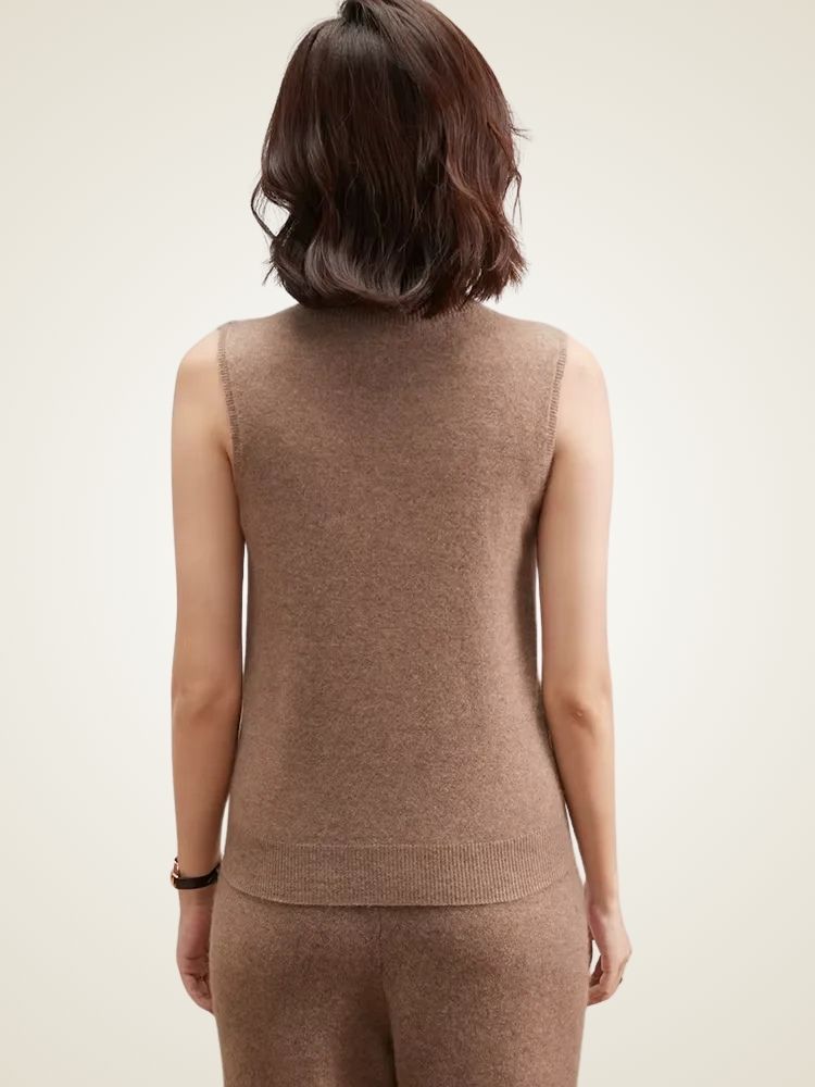 Oriana - Camel Mock Neck Cashmere Vest | The Cashmere Studio