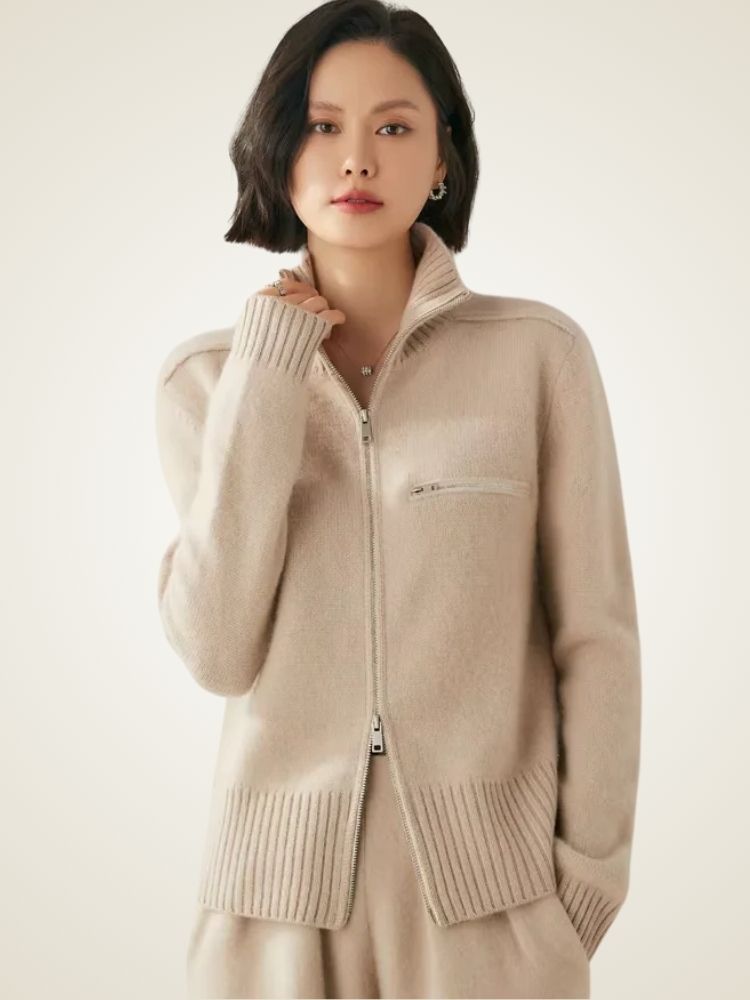 Liv - Camel Zip Cashmere Cardigan | The Cashmere Studio