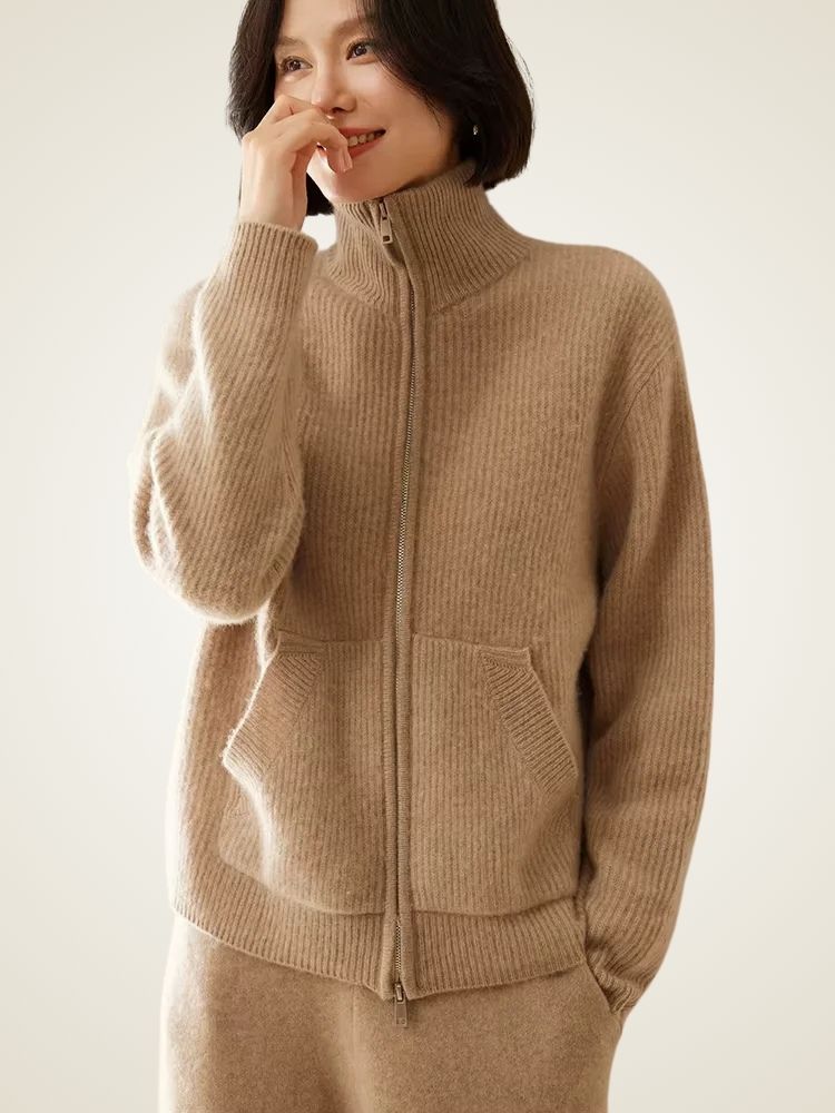 Nina - Camel Zip Cashmere Cardigan | The Cashmere Studio