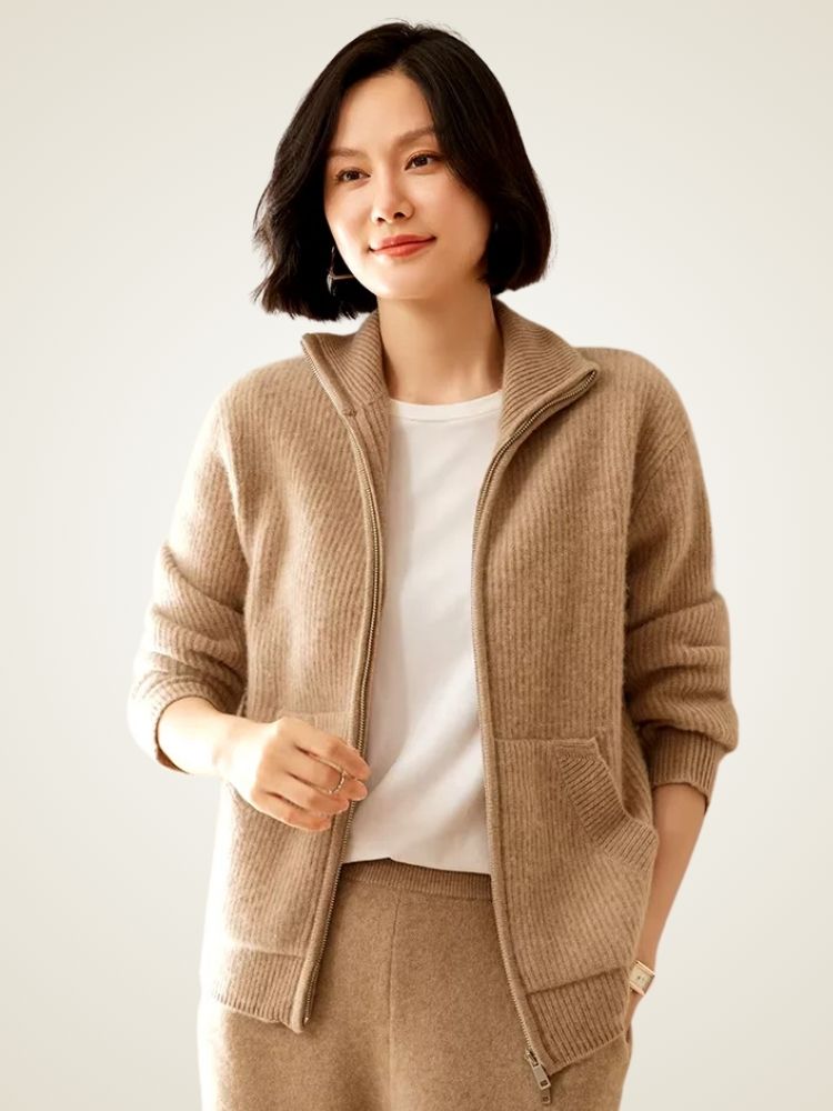 Nina - Camel Zip Cashmere Cardigan | The Cashmere Studio