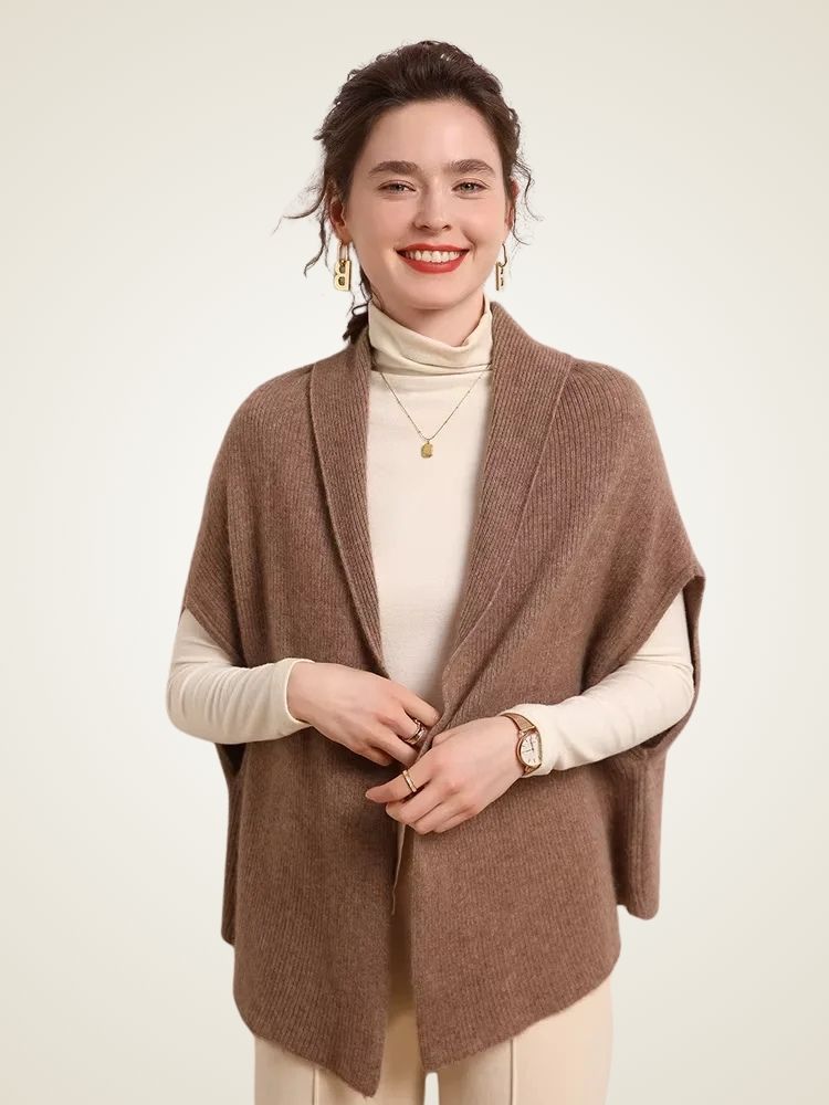 Elise - Dark Camel Cape Cashmere Cardigan | The Cashmere Studio