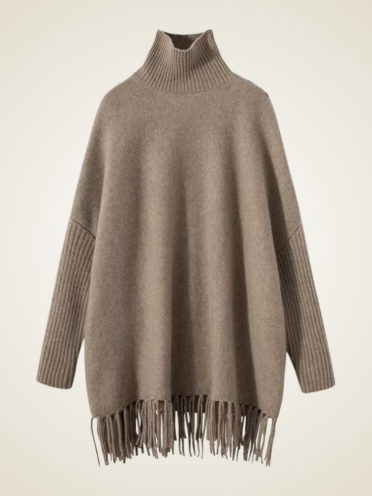 Lila - Camel Cashmere Fringe Sweater Dress | The Cashmere Studio