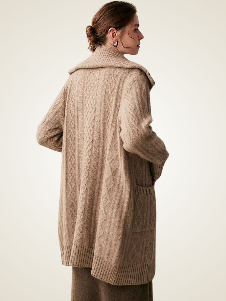 Paige - Camel Collared Cable Knit Cashmere Cardigan | The Cashmere Studio