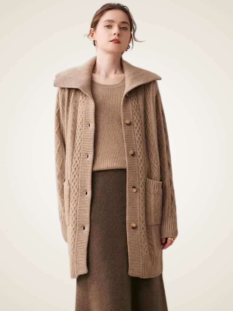 Paige - Camel Collared Cable Knit Cashmere Cardigan | The Cashmere Studio