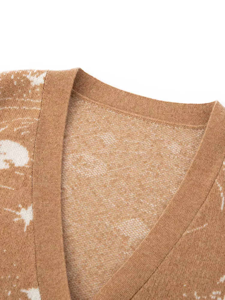 Taryn - Camel Celestial Print Cashmere Cardigan | The Cashmere Studio