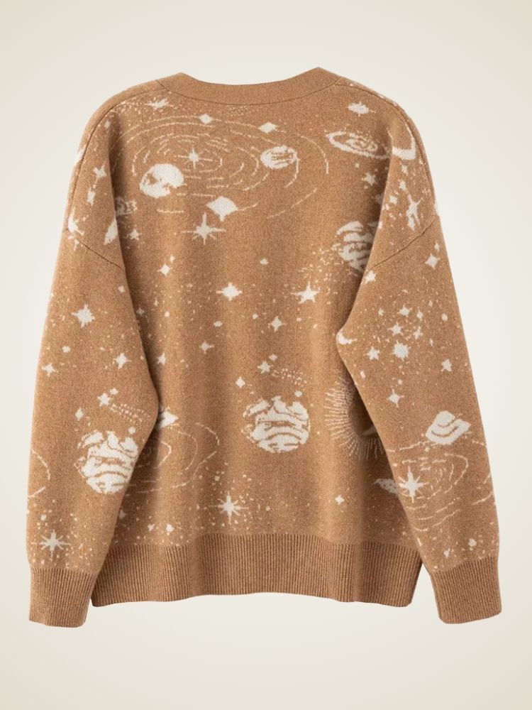 Taryn - Camel Celestial Print Cashmere Cardigan | The Cashmere Studio