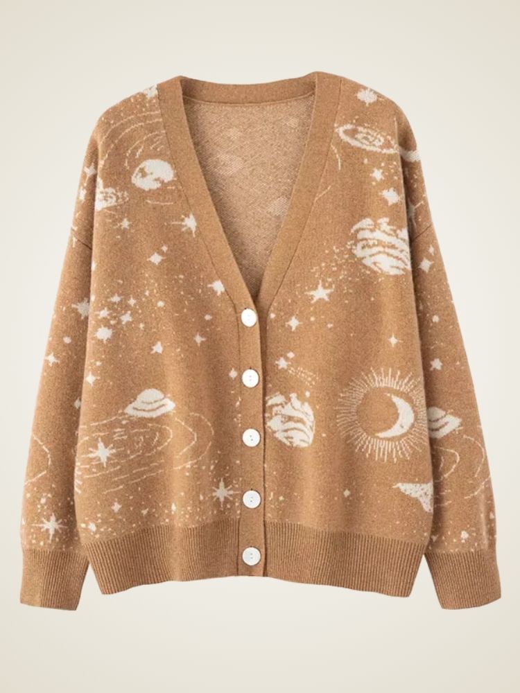 Taryn - Camel Celestial Print Cashmere Cardigan | The Cashmere Studio