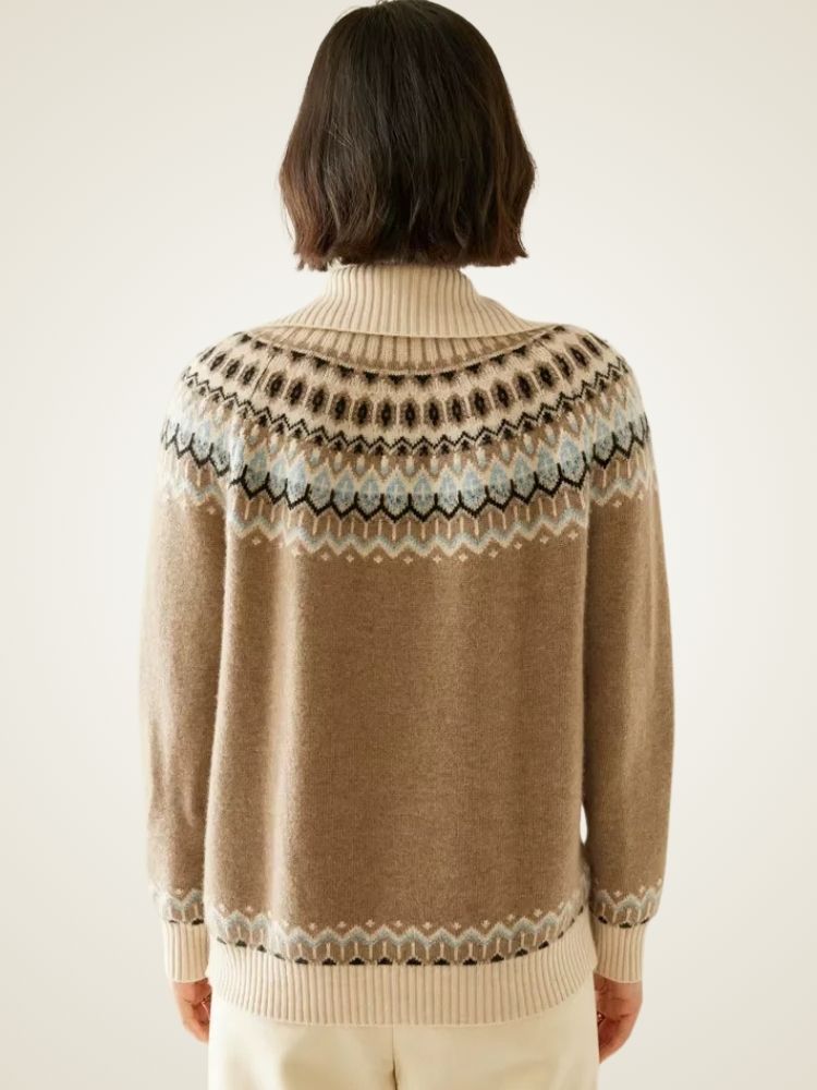 Jamie - Camel Nordic Patterned Zip Up Cashmere Cardigan | The Cashmere