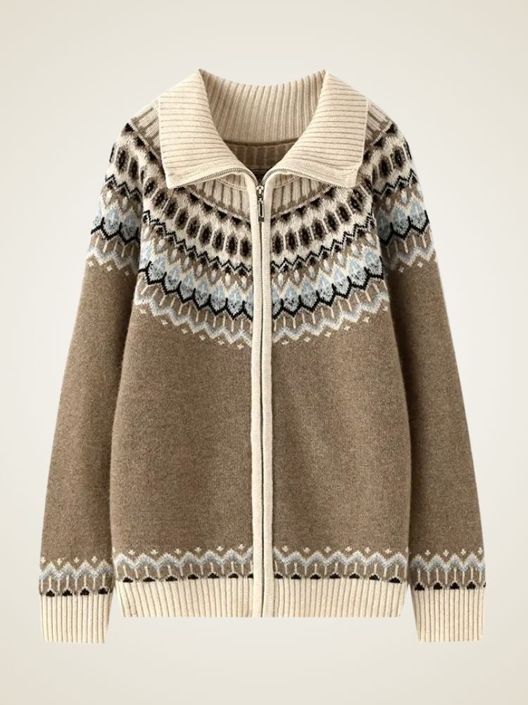 Jamie - Camel Nordic Patterned Zip Up Cashmere Cardigan | The Cashmere