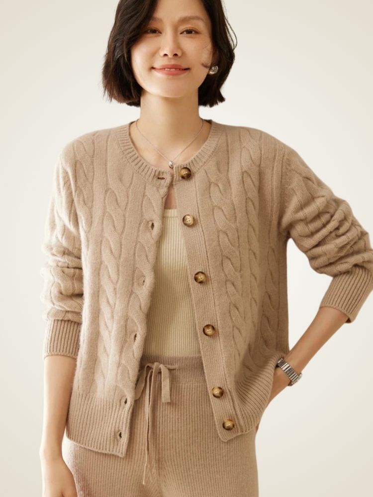 Faith - Beige Cable Knit Cashmere Cardigan | The Cashmere Studio