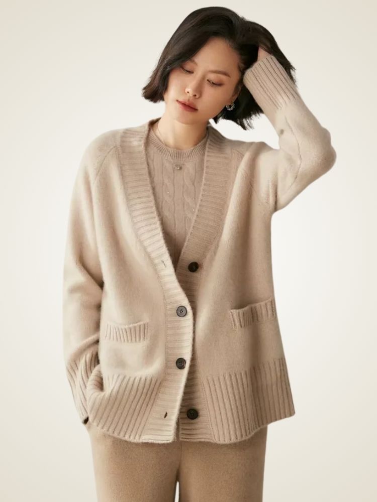 Jade - Beige V Neck Cashmere Cardigan | The Cashmere Studio