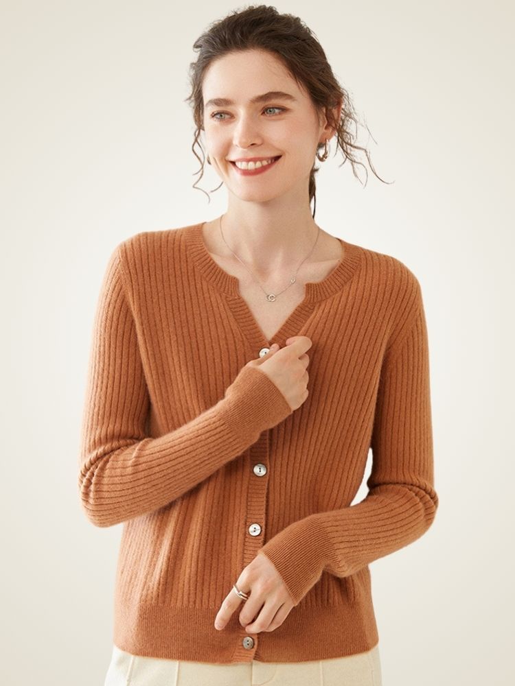 Delphie - Camel Ribbed Cashmere Cardigan | The Cashmere Studio