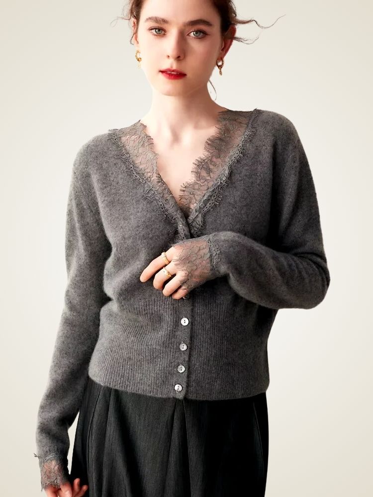 Brooke - Gray Lace Collar Cashmere Cardigan | The Cashmere Studio