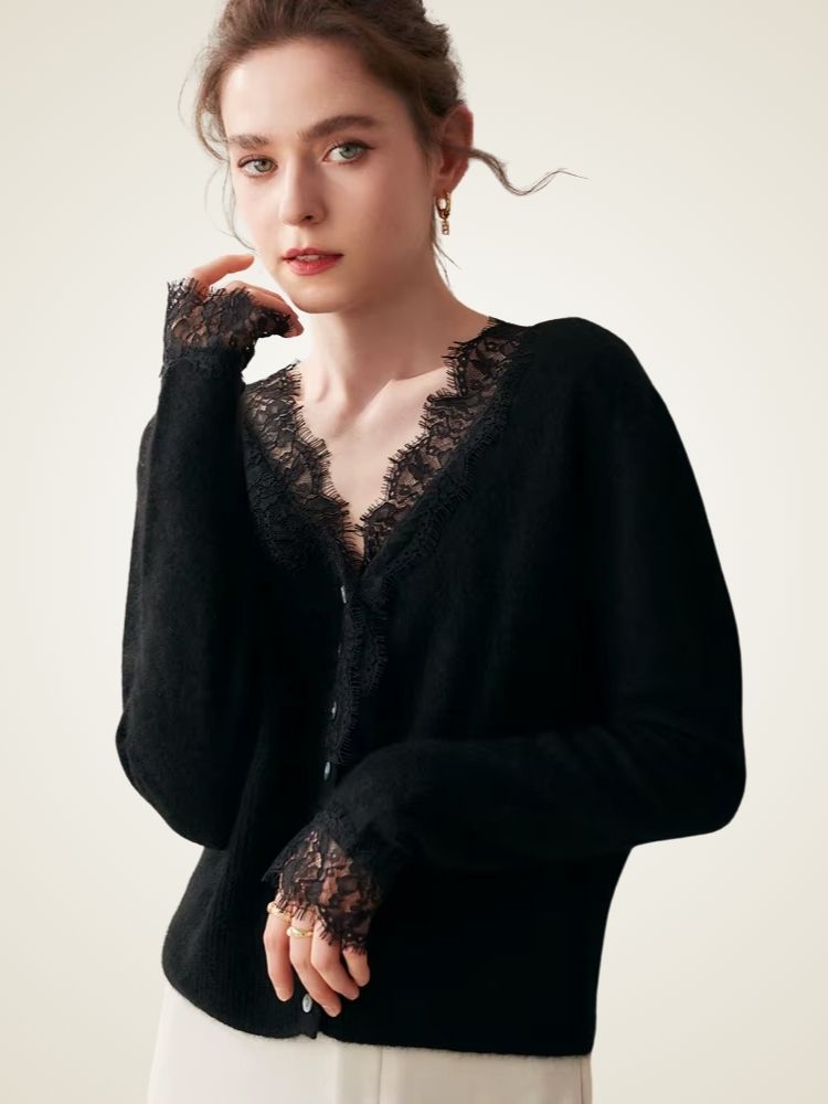 Brooke - Black Lace Collar Cashmere Cardigan | The Cashmere Studio