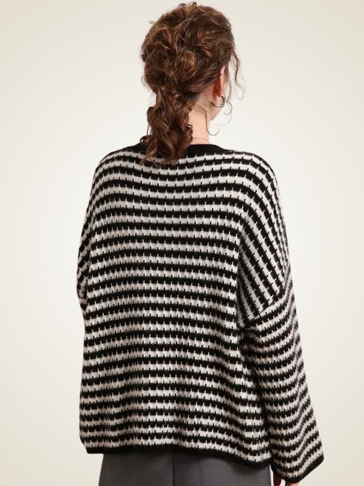 Rosa - Black and White V Neck Striped Cashmere Cardigan | The Cashmere Studio