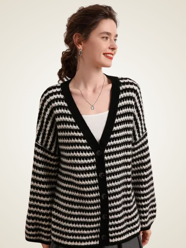 Rosa - Black and White V Neck Striped Cashmere Cardigan | The Cashmere Studio