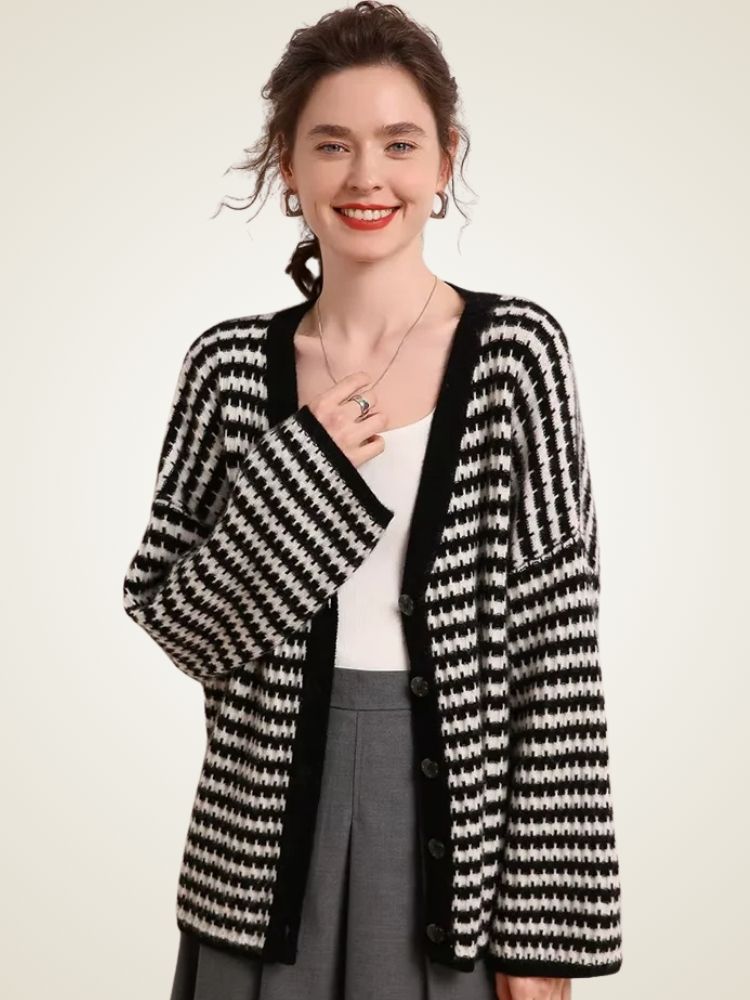 Rosa - Black and White V Neck Striped Cashmere Cardigan | The Cashmere Studio