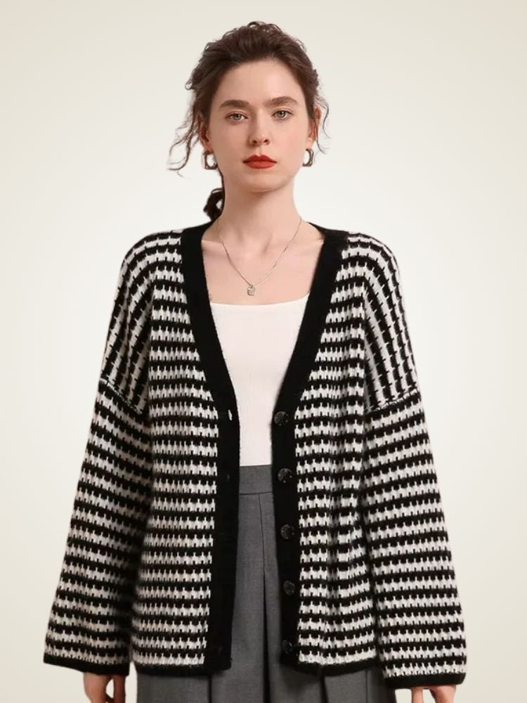 Rosa - Black and White V Neck Striped Cashmere Cardigan | The Cashmere Studio