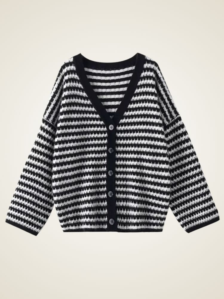 Rosa - Black and White V Neck Striped Cashmere Cardigan | The Cashmere Studio