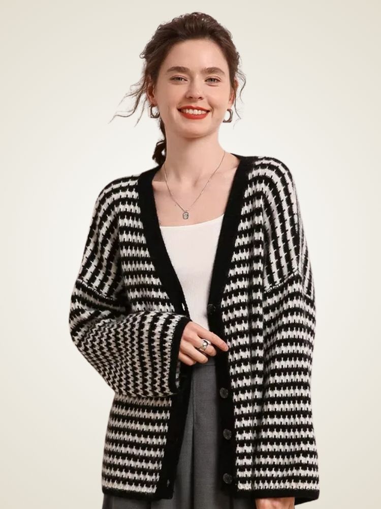 Rosa - Black and White V Neck Striped Cashmere Cardigan | The Cashmere Studio