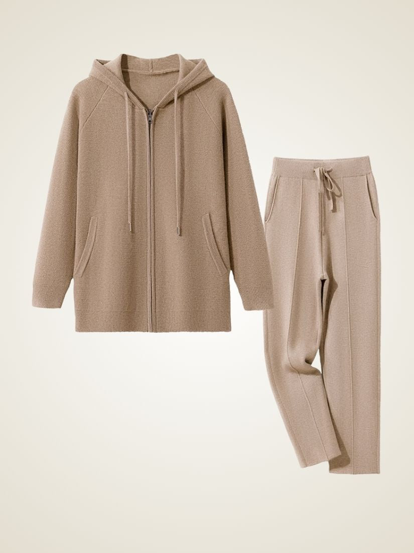 Darel — Beige Hooded Zip-Up Cashmere Set | The Cashmere Studio