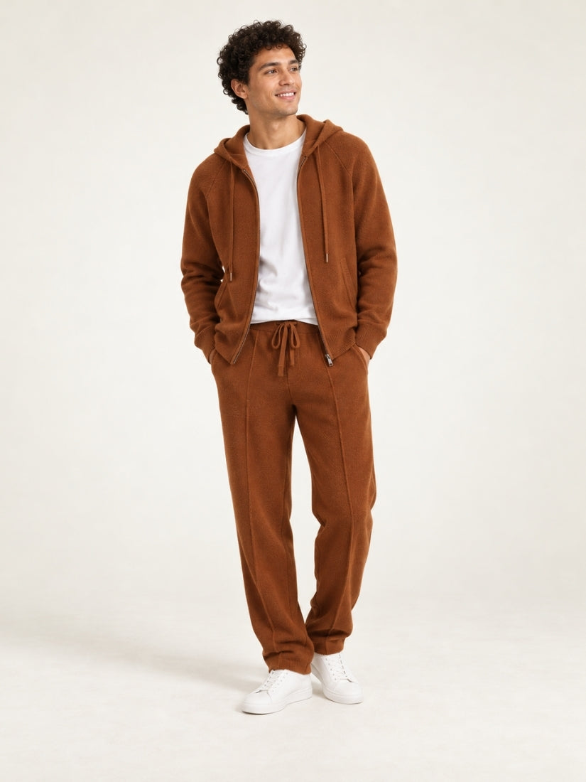 Darel — Dark Caramel Hooded Zip-Up Cashmere Set | The Cashmere Studio