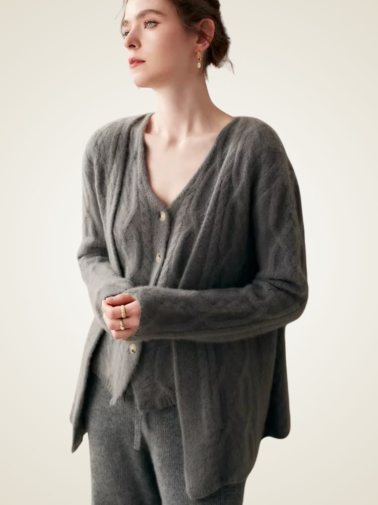 Blair - Dark Gray Two Piece Cable Knit Cashmere Cardigan | The Cashmere Studio