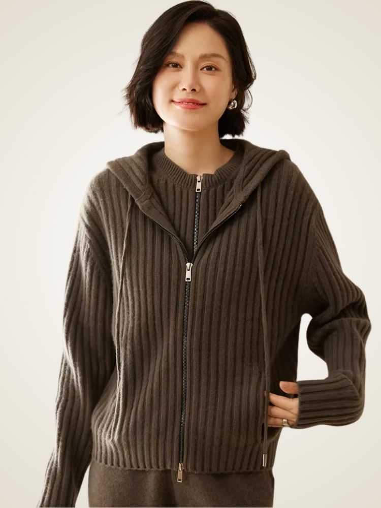 Aspen - Dark Gray Ribbed Cashmere Hoodie Cardigan | The Cashmere Studio