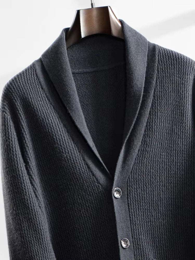 Andy - Dark Gray Textured Shawl Collar Cashmere Cardigan | The Cashmere Studio