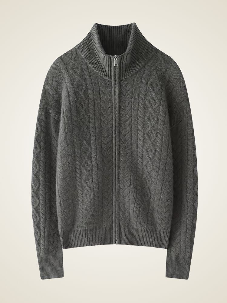 Willow - Dark Gray Zip Cable Knit Cashmere Cardigan | The Cashmere Studio