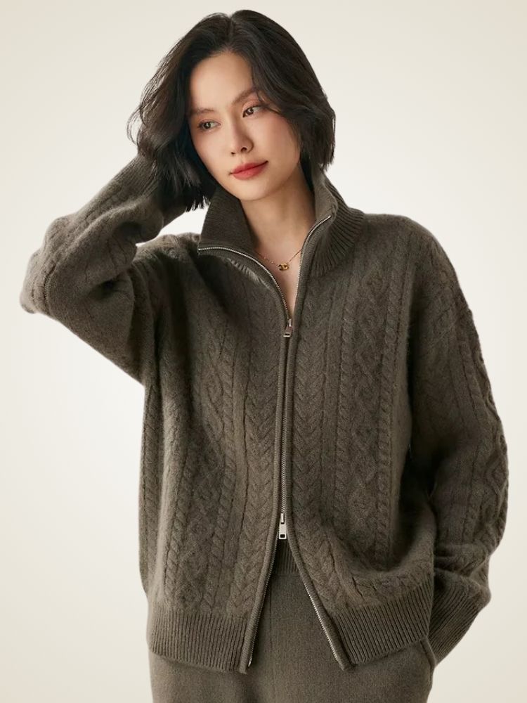 Willow - Dark Gray Zip Cable Knit Cashmere Cardigan | The Cashmere Studio