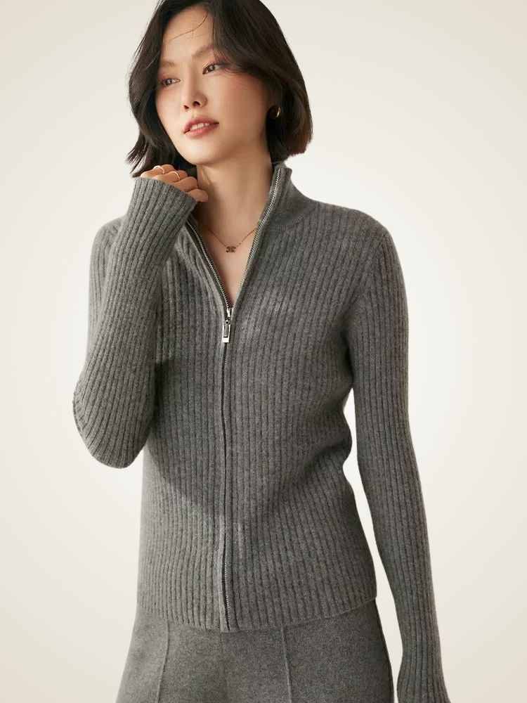 Heather - Dark Gray Ribbed Zip Up Cashmere Cardigan | The Cashmere Studio