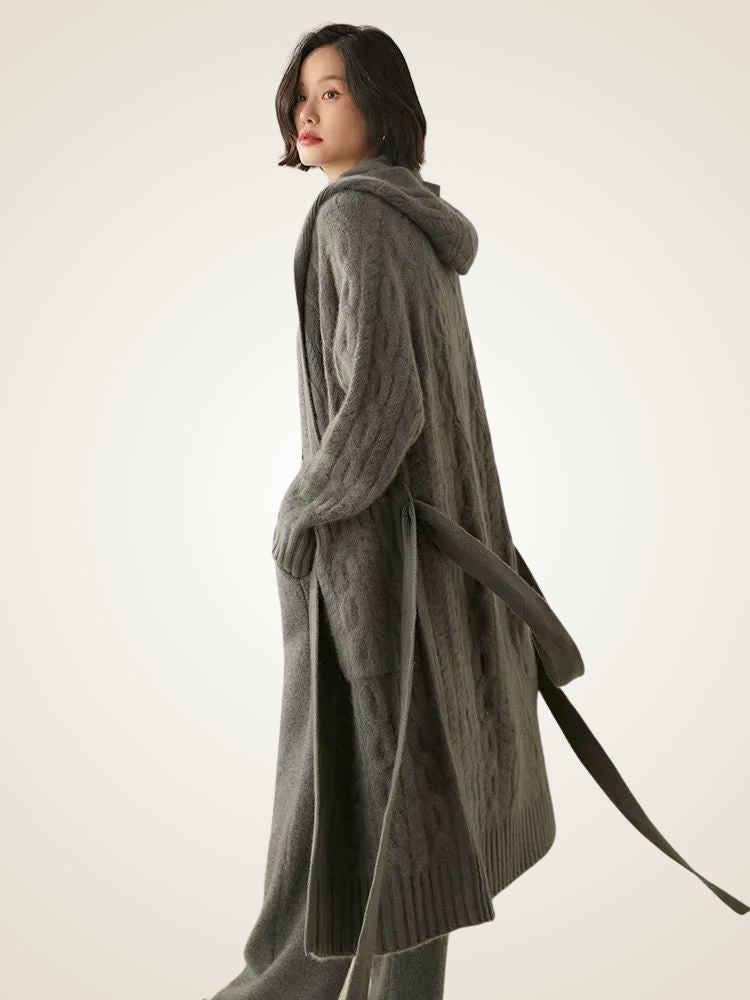 Leah - Dark Gray Long Cable Knit Cashmere Cardigan