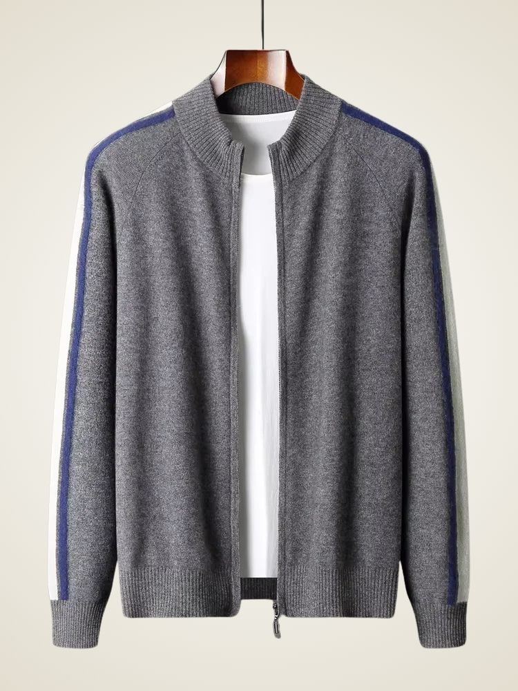 Carter - Gray Tricolore Cashmere Zip Up Cardigan | The Cashmere Studio