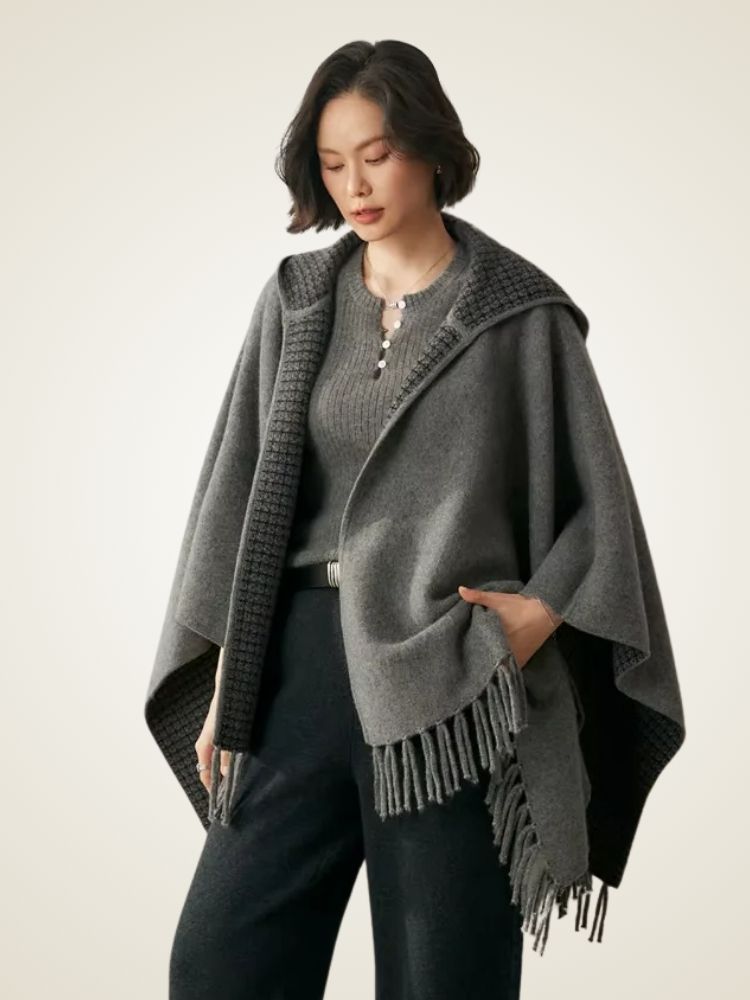 Nathalie - Dark Gray Reversible Hooded Cashmere Cape | The Cashmere Studio