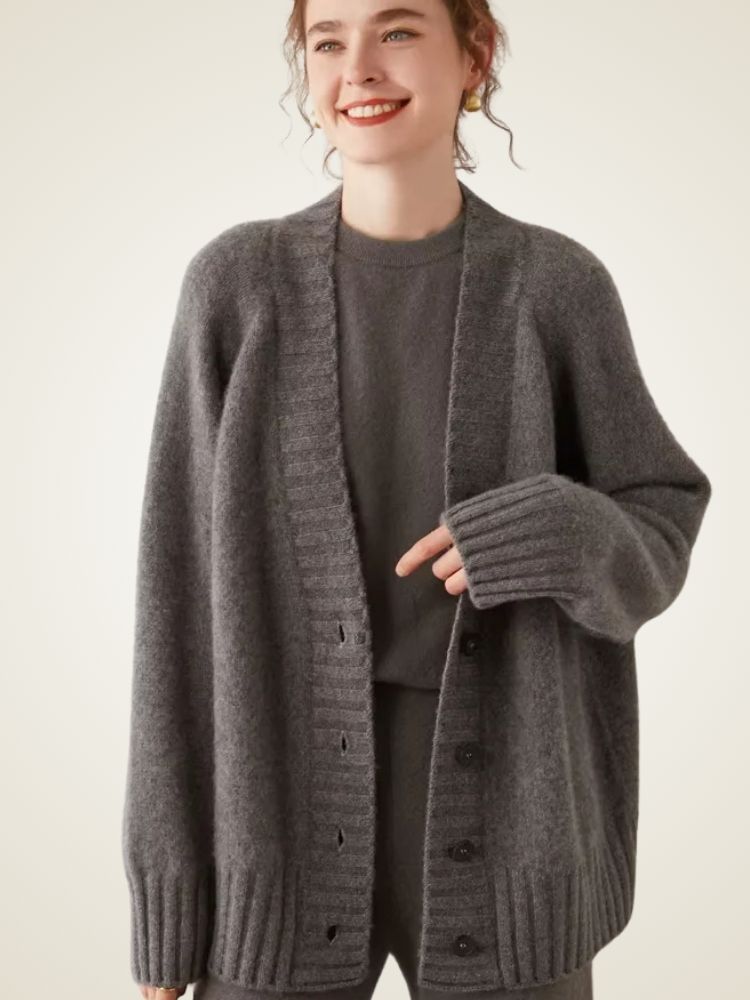 Eden - Dark Gray V Neck Cashmere Cardigan | The Cashmere Studio