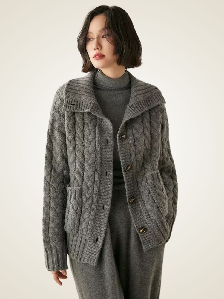 Laura - Dark Gray Cable Knit Cashmere Cardigan | The Cashmere Studio