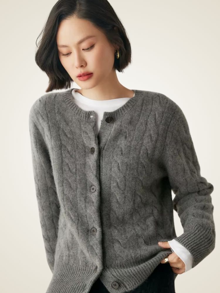 Faith - Dark Gray Cable Knit Cashmere Cardigan | The Cashmere Studio