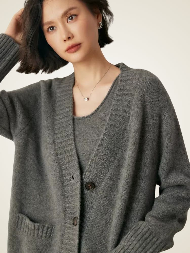 Jade - Dark Gray V Neck Cashmere Cardigan | The Cashmere Studio