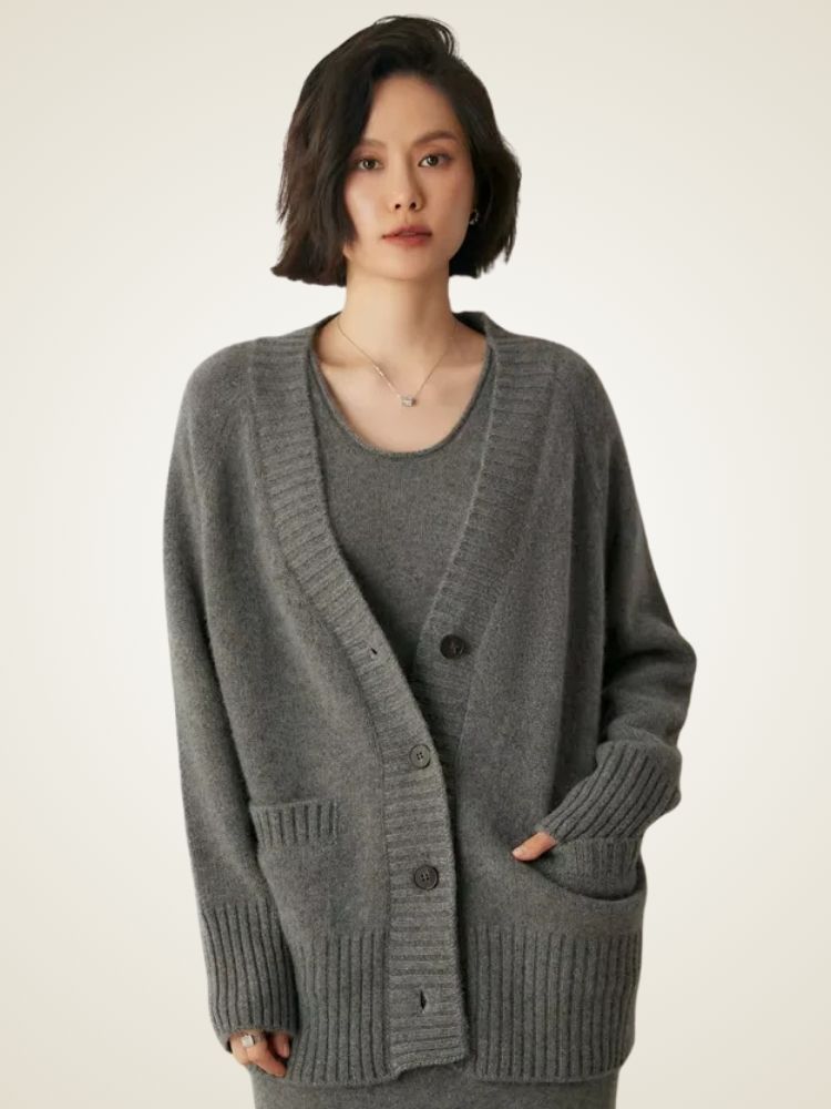 Jade - Dark Gray V Neck Cashmere Cardigan | The Cashmere Studio